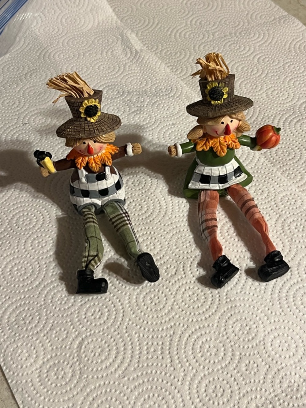 Pair of Fall Scarecrow Figurines with Pumpkins